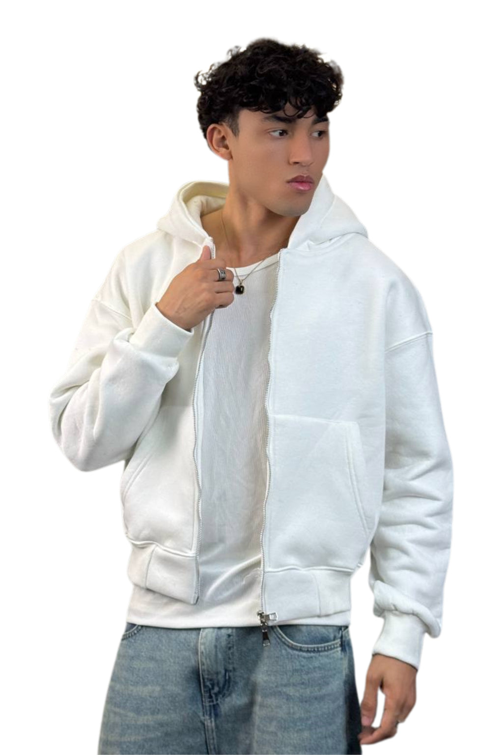 Boxy Fit Hoodie, Streetwear (White)