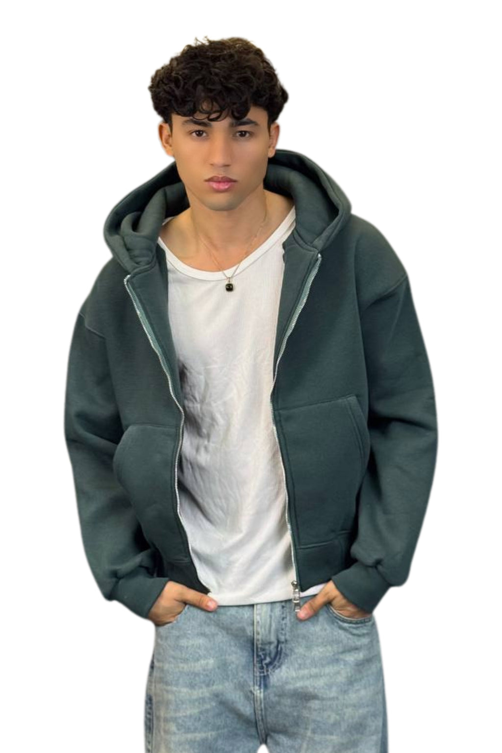 Boxy Fit Hoodie, Streetwear (Olive Green)