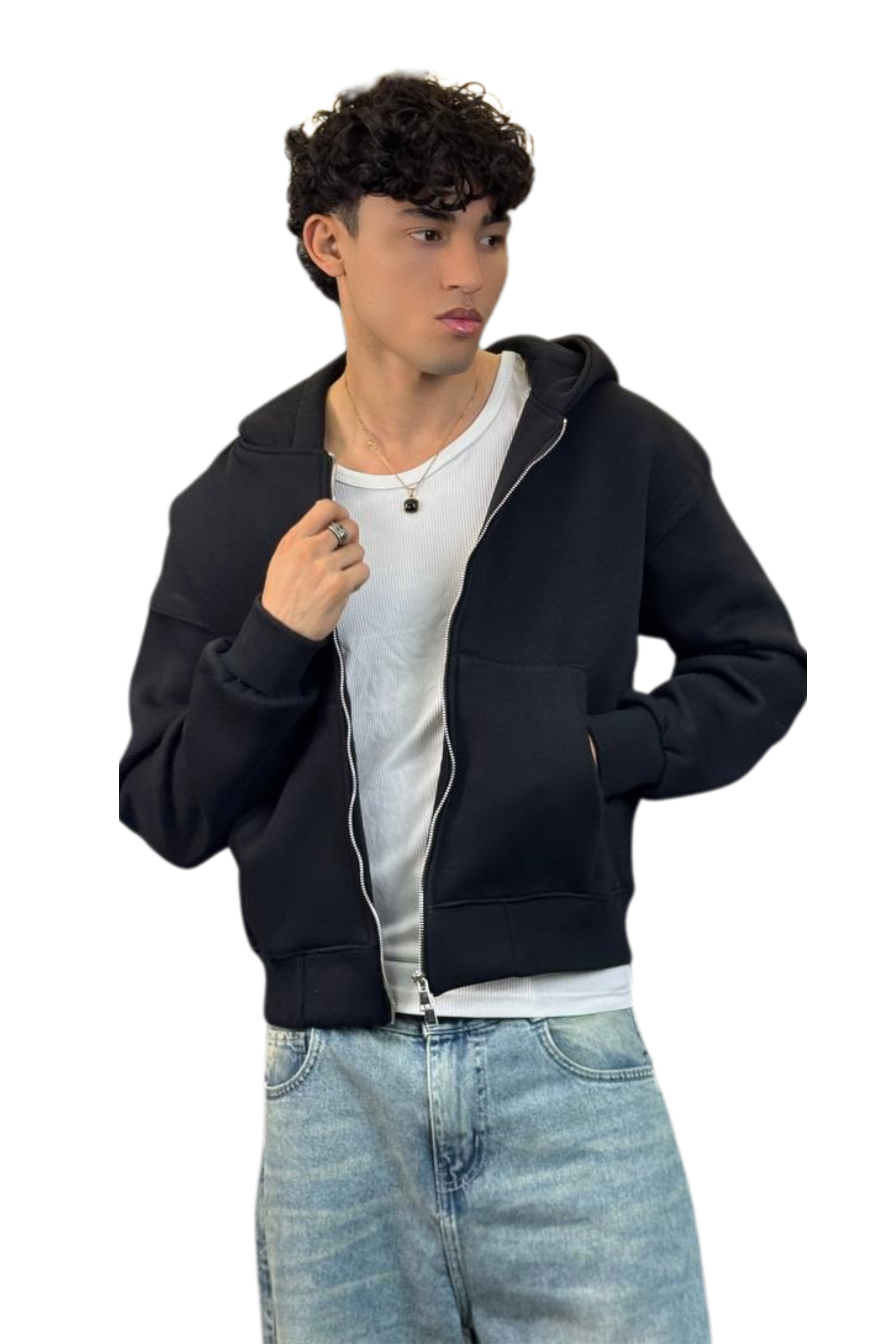 Boxy Fit Hoodie, Streetwear (Black)