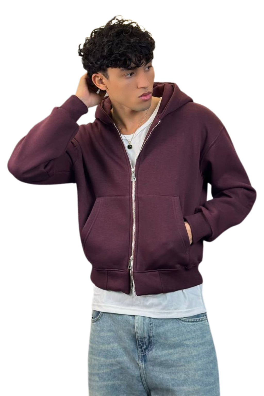 Boxy Fit Hoodie, Streetwear (Burgundy)