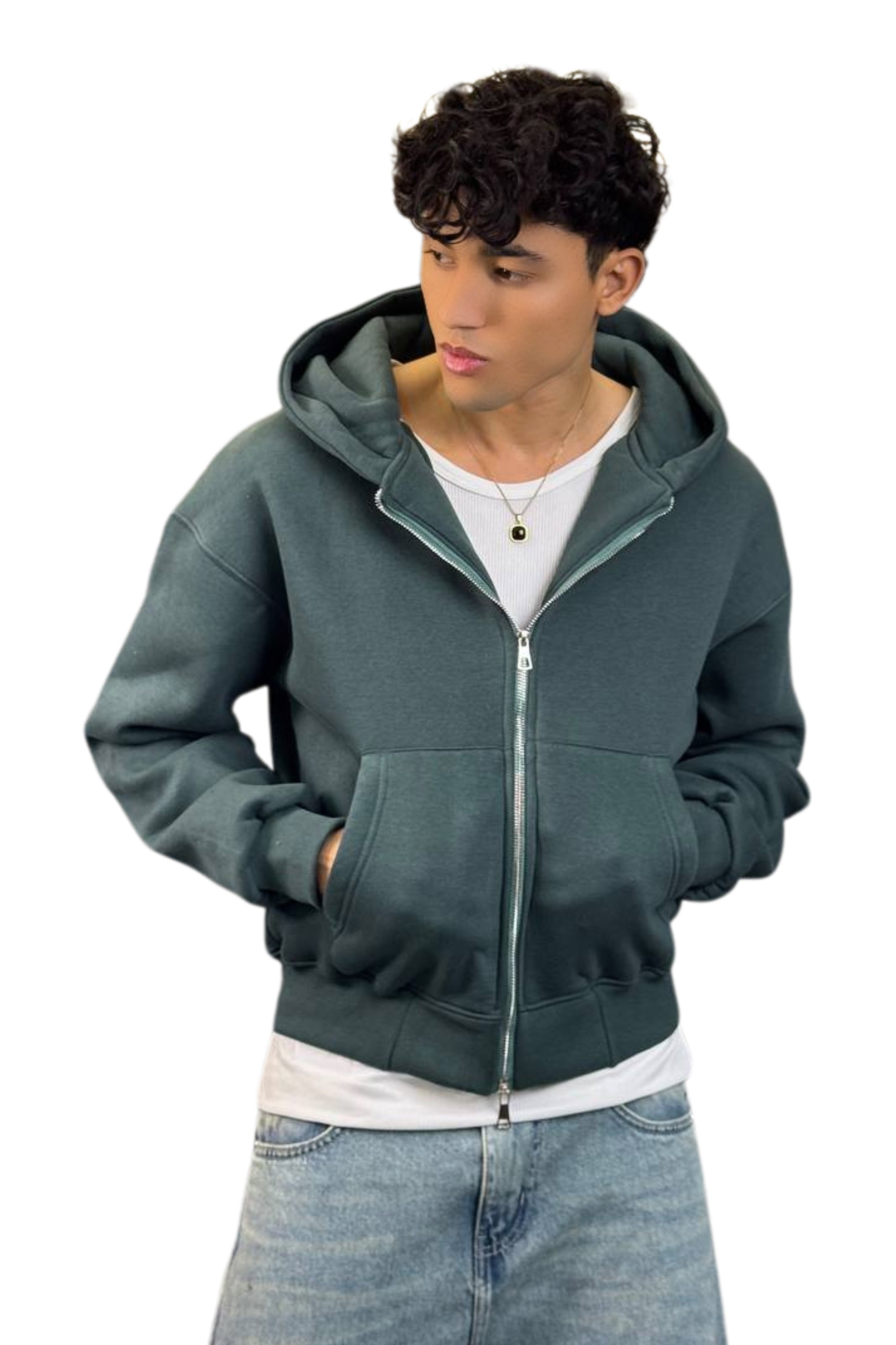 Boxy Fit Hoodie, Streetwear (Olive Green)
